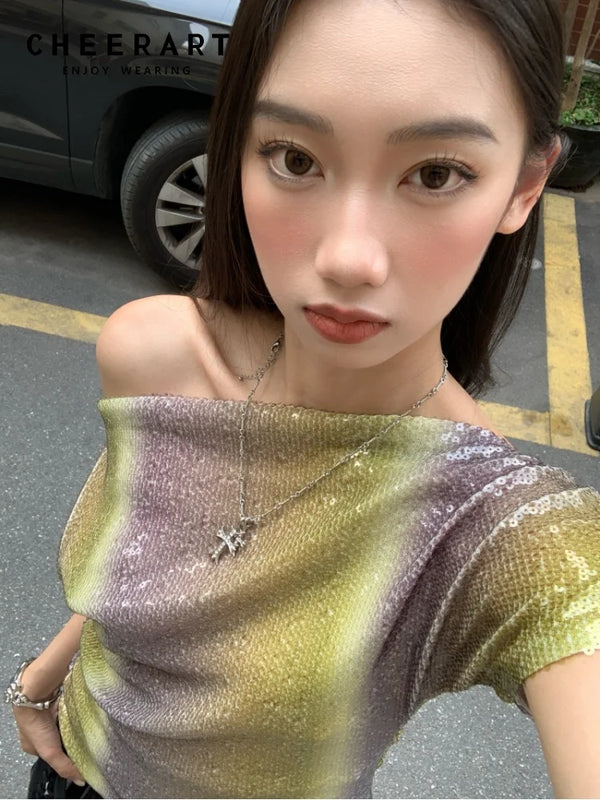 Gradient Sequin Off Shoulder Blouse & Silver Mini Skirt