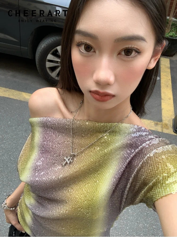VILZSTUDIOS Gradient Sequin Off Shoulder Blouse & Silver Mini Skirt