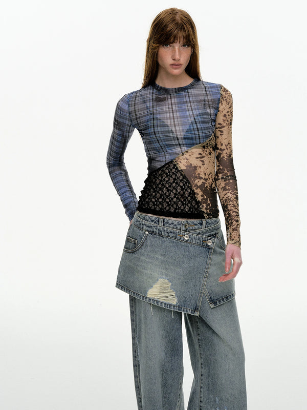 Stylish Plaid Mesh Patchwork Long Sleeve Top