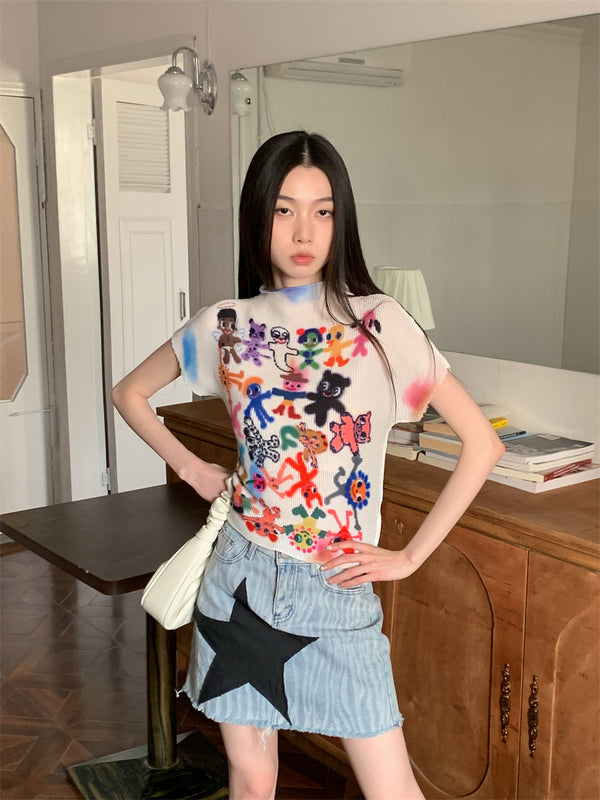 White Graphic Designer Crop Top