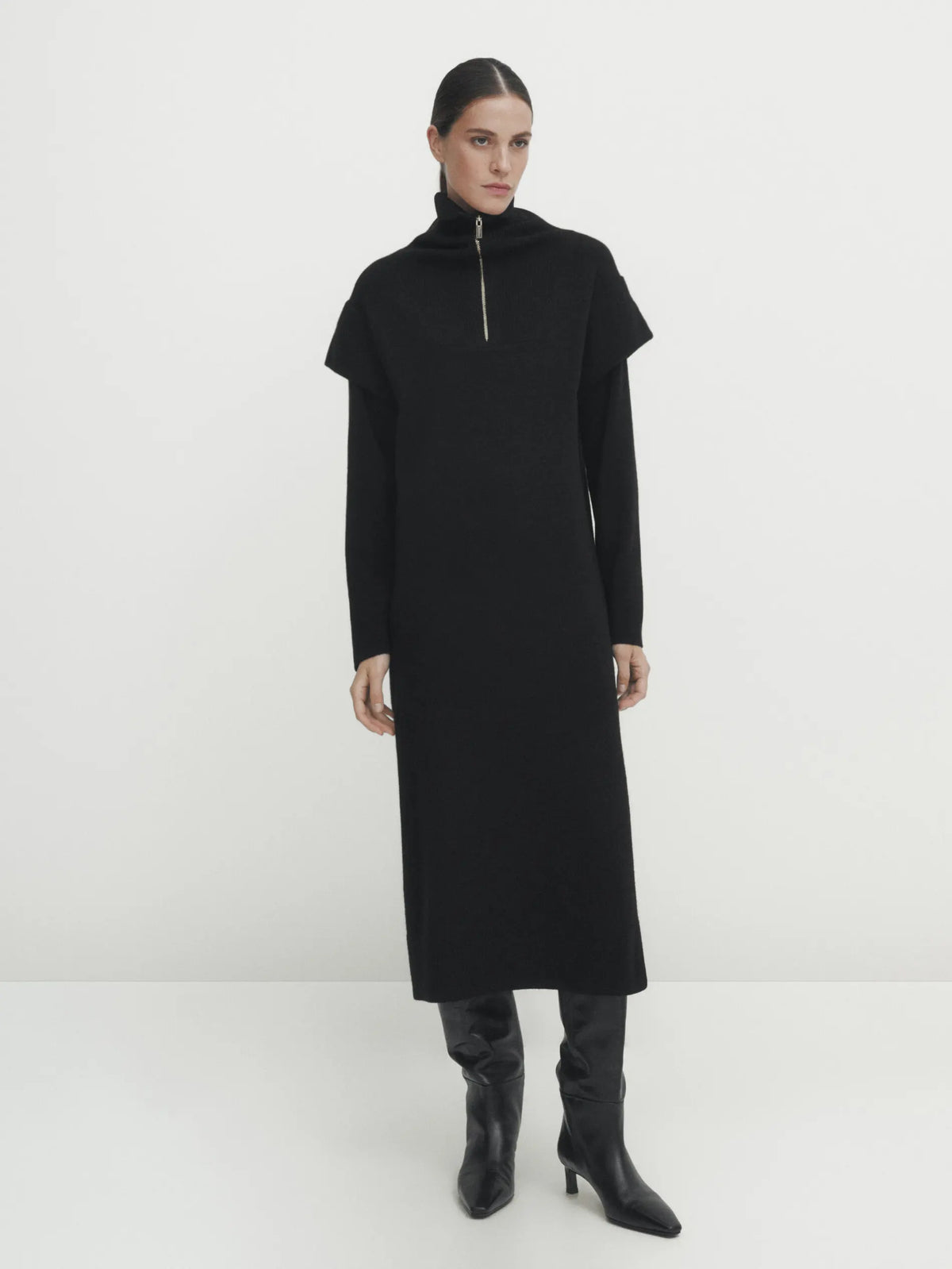 VILZSTUDIOS Black Knit Zip Up Midi Dress