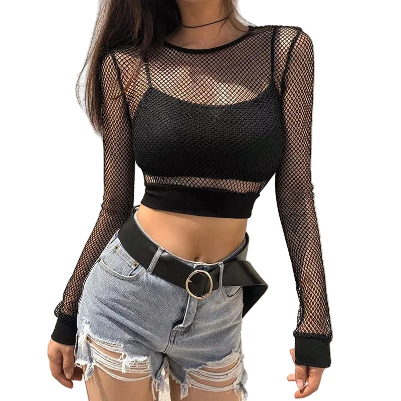 VILZSTUDIOS Sexy Gothic Hollow Out Mesh Crop Top
