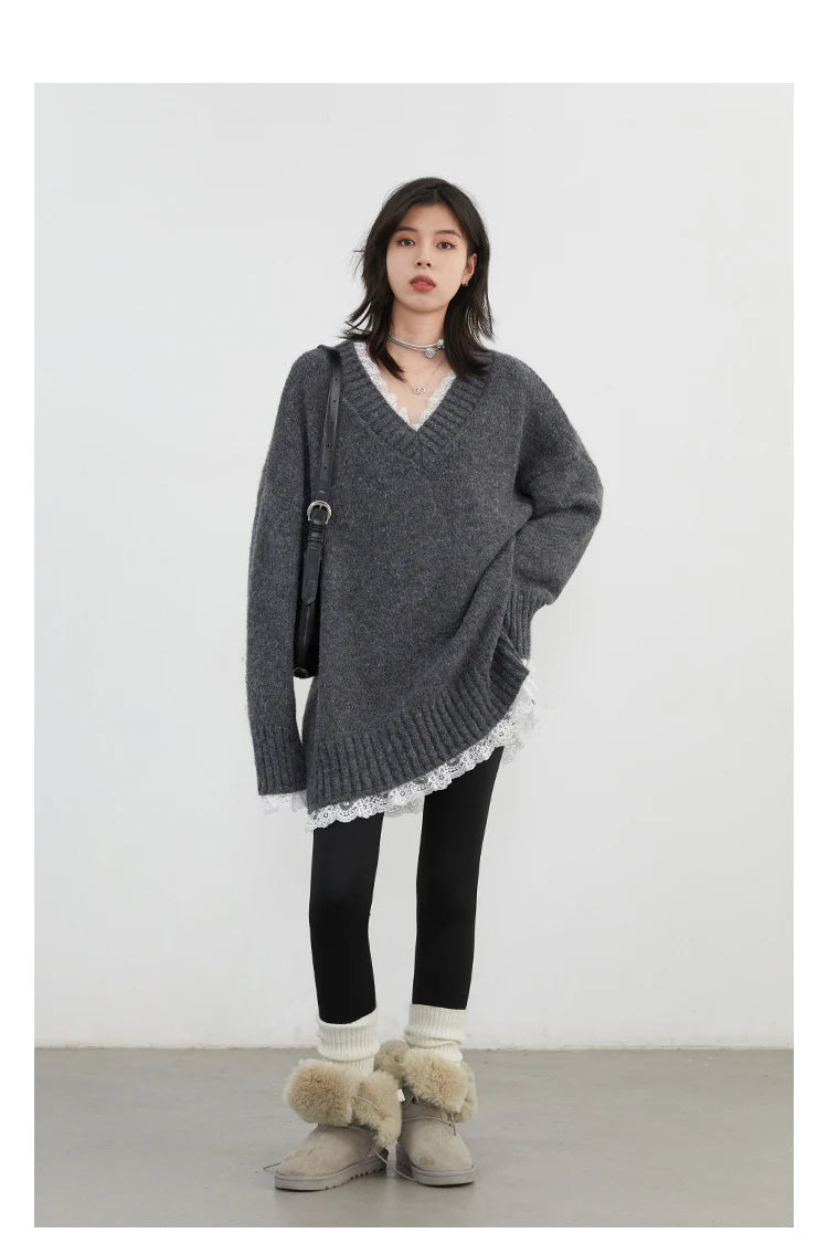 VILZSTUDIOS Casual Loose V-Neck Knit Sweater