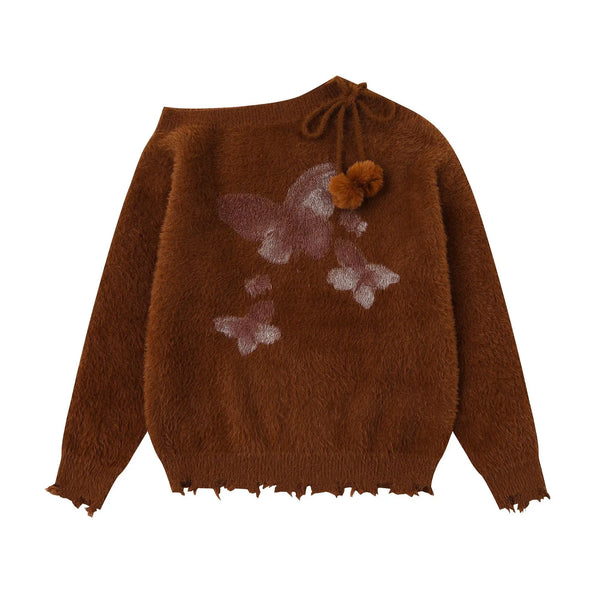Butterfly Print Oversize Off Shoulder Sweater
