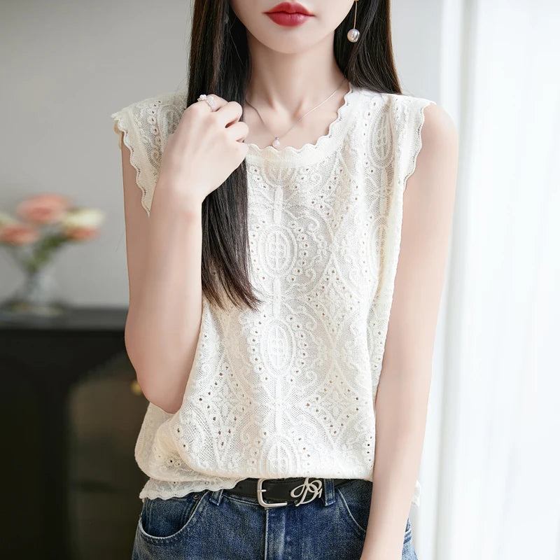 VILZSTUDIOS Soft Jacquard Knitted Wool Sleeveless Blouse