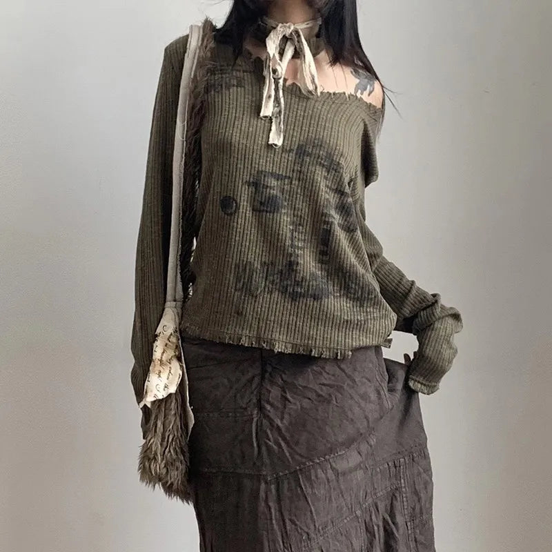 VILZSTUDIOS Vintage Grunge Distressed Knit Crop T-Shirt