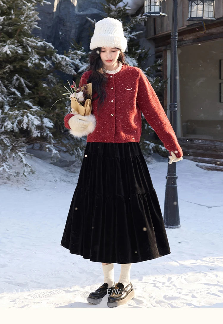 VILZSTUDIOS Red Lace Collar Cashmere Cardigan