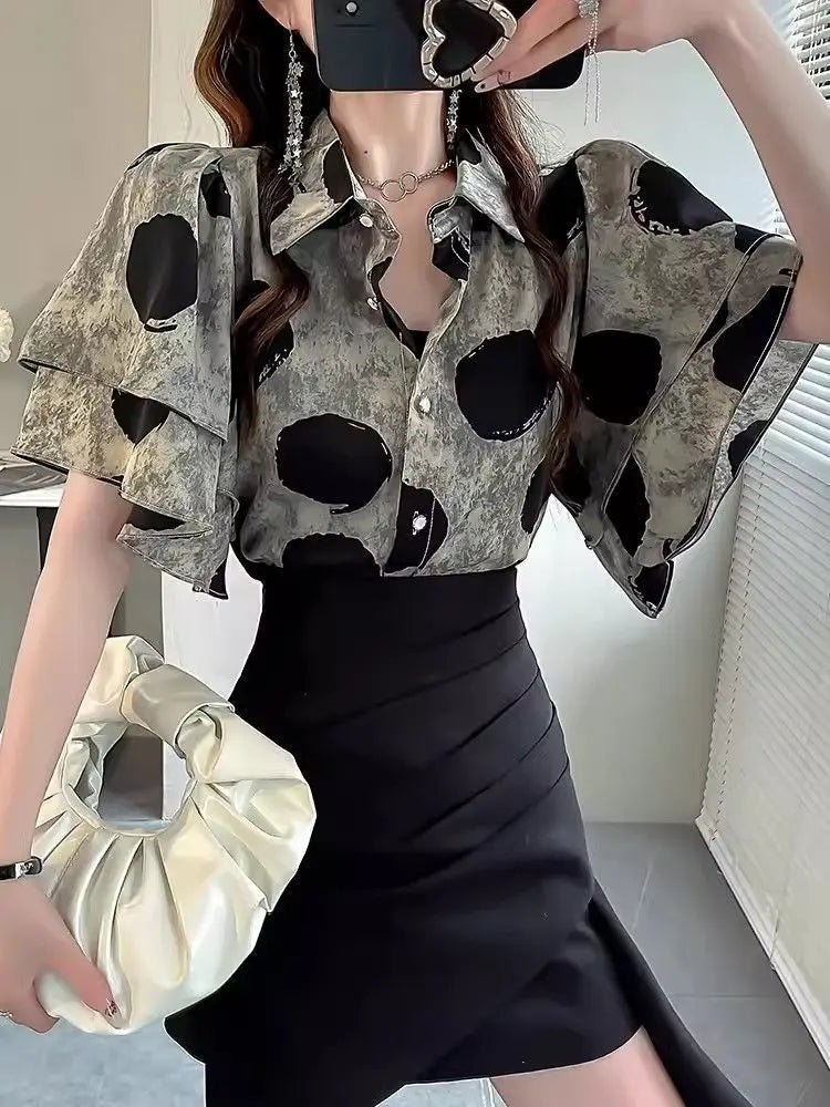 VILZSTUDIOS Light Butterfly Print Short-Sleeve Blouse