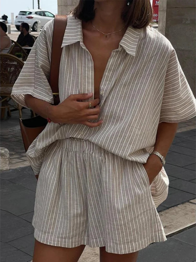 VILZSTUDIOS Casual Striped Linen Cotton Shirt