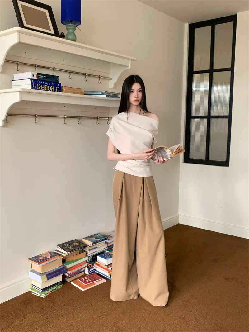 VILZSTUDIOS Stylish Off-Shoulder Solid T-Shirt with Wide Leg Pants