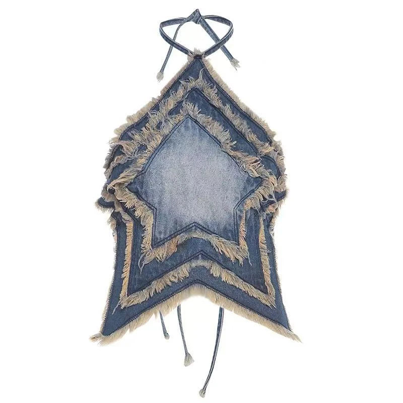 VILZSTUDIOS Fringed Star Denim Halter Top