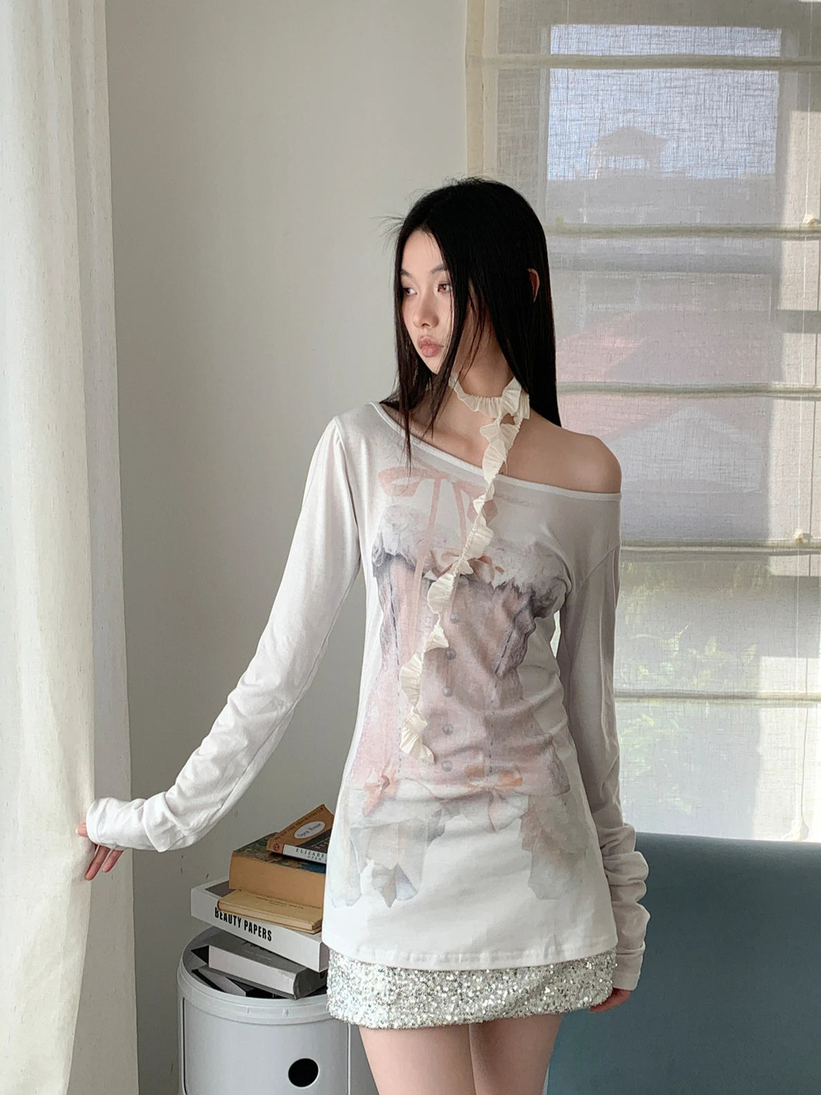 VILZSTUDIOS Off Shoulder Graphic Long Sleeve Top