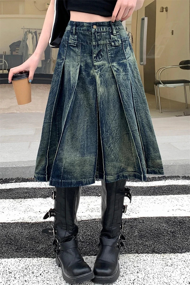 VILZSTUDIOS Vintage Aesthetic Pleated Denim Mini Skirt