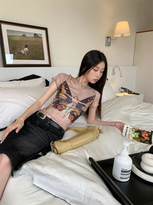 VILZSTUDIOS Butterfly Frill Mesh Graphic Crop Top