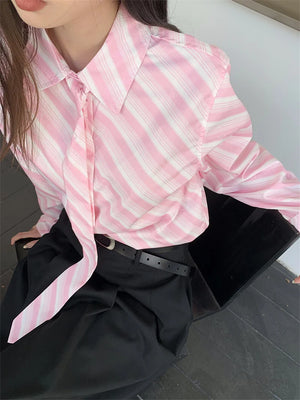 VILZSTUDIOS Pink Striped Button Up Shirt With Tie