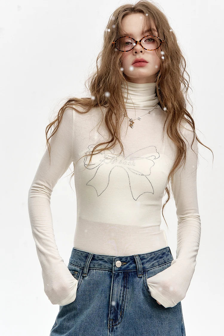 VILZSTUDIOS Sequined Bowknot Turtleneck Slim Top