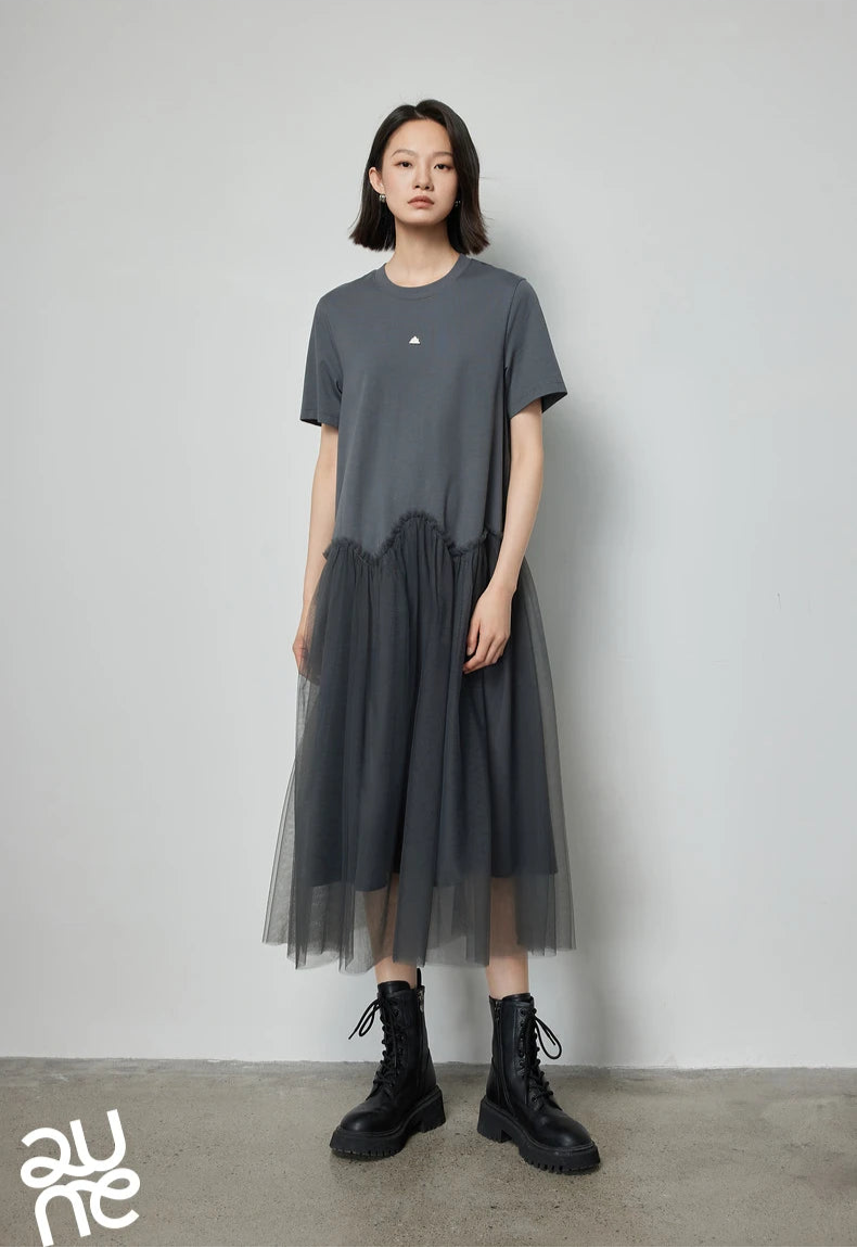 VILZSTUDIOS Stylish Mesh Splicing Mid-Length Skirt T-Shirt