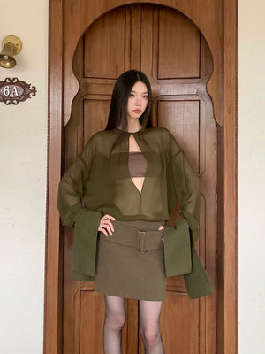 VILZSTUDIOS Elegant Green Sheer Blouse & Mini Skirt