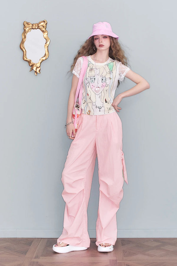 Sweet Cool Pink Casual Parachute Pants