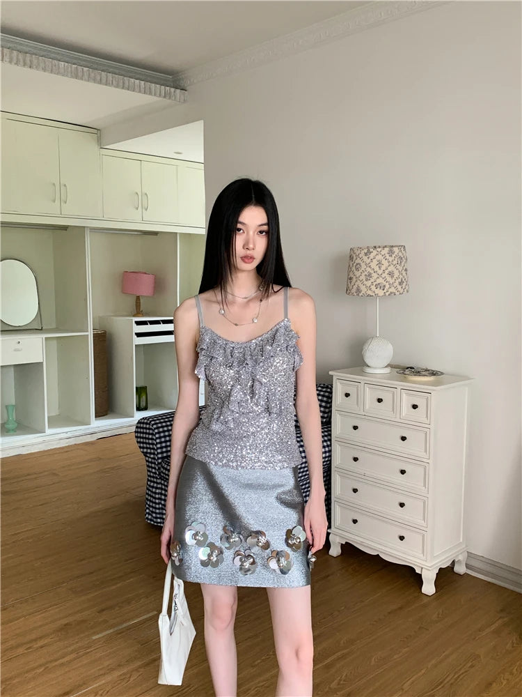 VILZSTUDIOS Silver Sequin Ruffles Tank Top