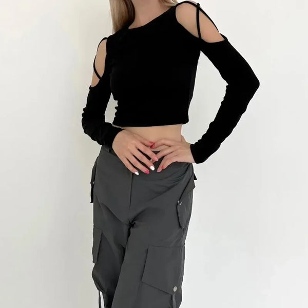 Black Hollow Out Crop Top