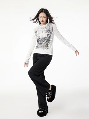 VILZSTUDIOS Vintage White Graphic Long Sleeve Top