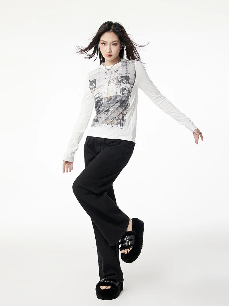 VILZSTUDIOS Vintage White Graphic Long Sleeve Top