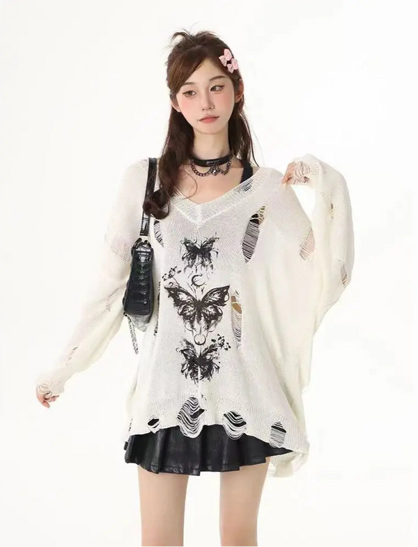 Graffiti Butterfly Hollow-out Knit Top