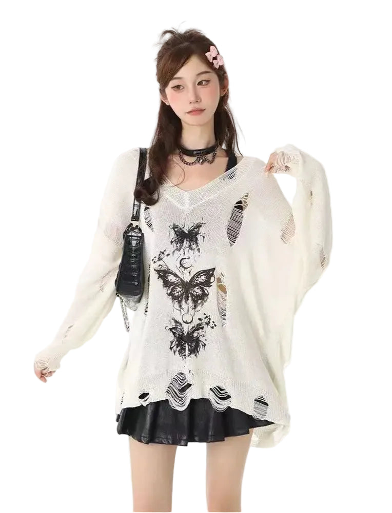 VILZSTUDIOS Graffiti Butterfly Hollow-out Knit Top