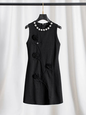 VILZSTUDIOS Luxury Floral Embossed Black Mini Dress