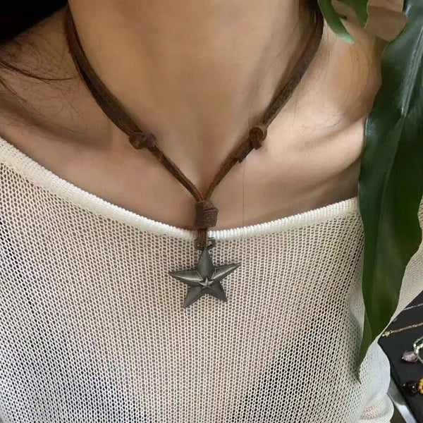Punk Star Pendant Leather Rope Necklace
