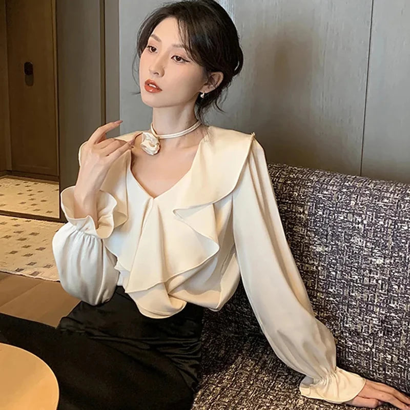 VILZSTUDIOS Elegant French Style Ruffled Blouse