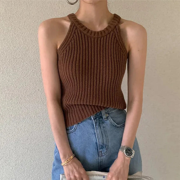 Chic Round Neck Knitted Halter Top