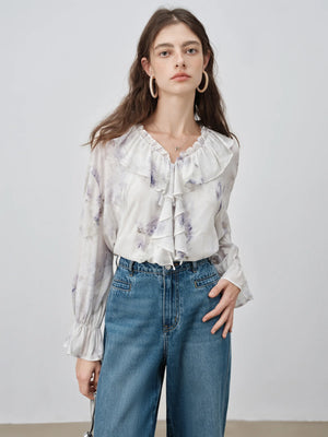 VILZSTUDIOS Elegant Wisteria Floral V-Neck Blouse