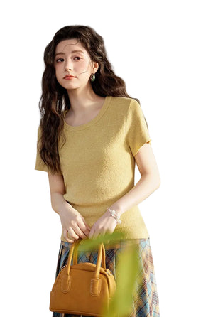 VILZSTUDIOS Pearl Buckle Knitted Short Sleeve T-Shirt