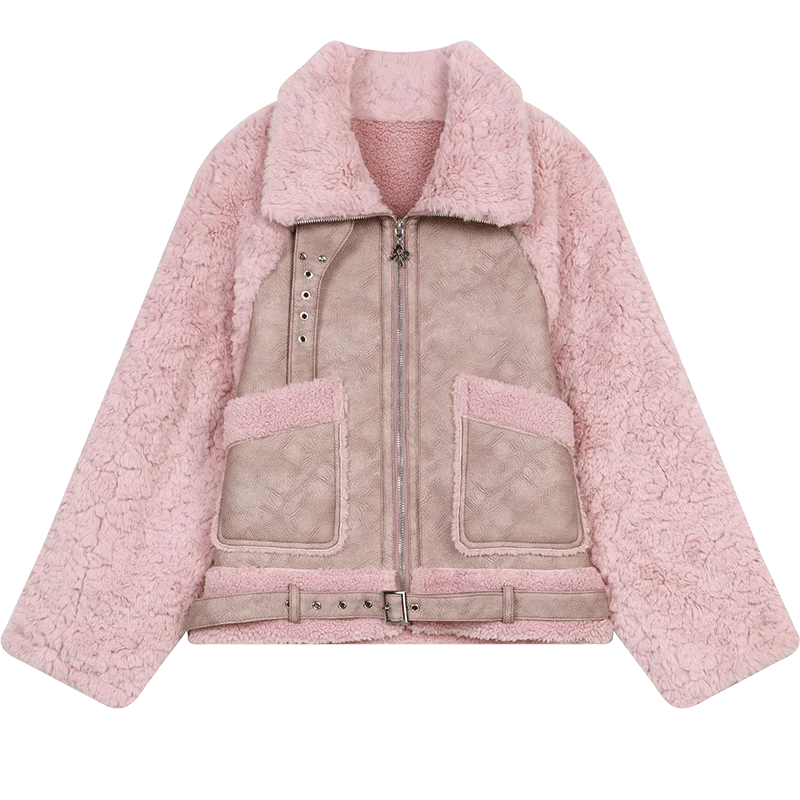 VILZSTUDIOS Pink Fur Collar PU Leather Jacket