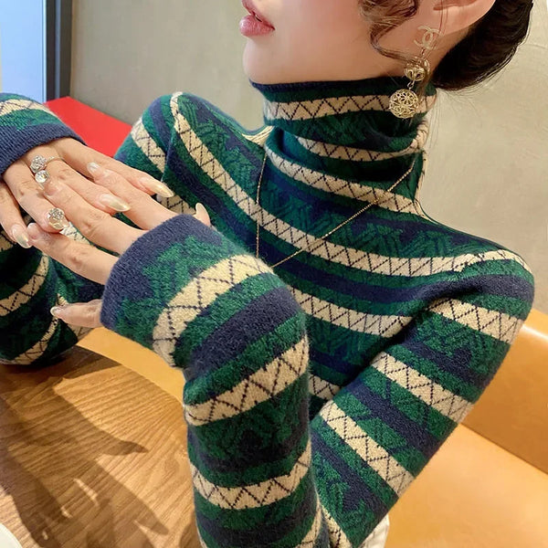 Chic Striped Knit Turtleneck Sweater