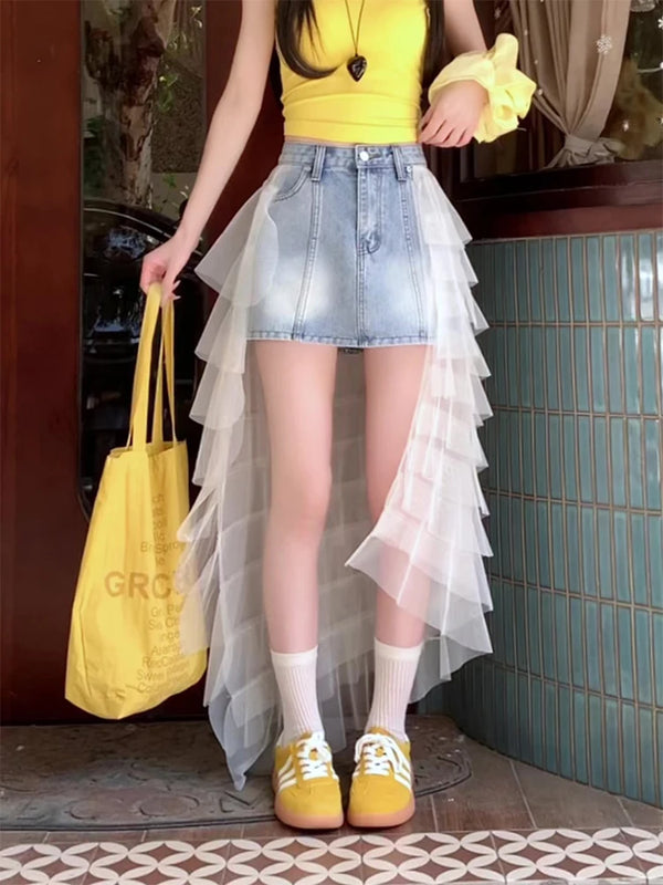Vintage Elegant Mesh Spliced Denim Skirt