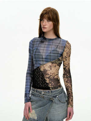 VILZSTUDIOS Stylish Plaid Mesh Patchwork Long Sleeve Top