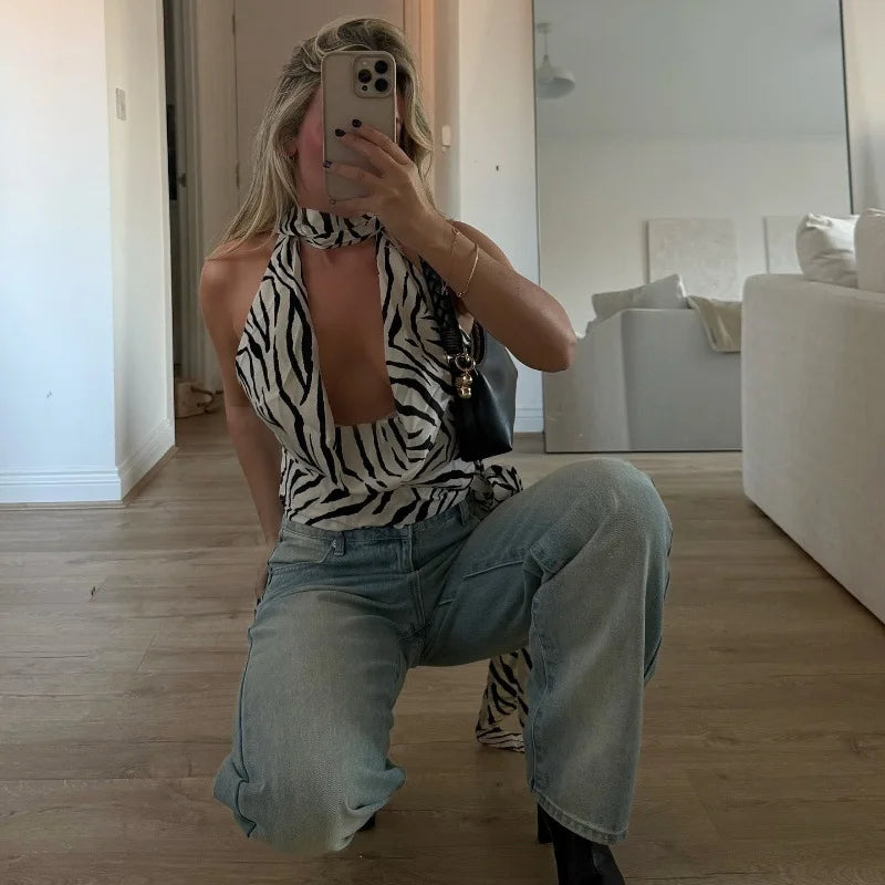 VILZSTUDIOS Zebra Print Backless Draped Cropped Halter Top