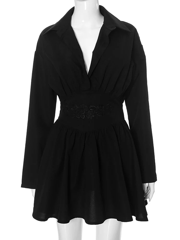 VILZSTUDIOS Elegant Black Long Sleeve Pleated Dress
