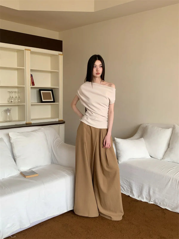 Stylish Off-Shoulder Solid T-Shirt with Wide Leg Pants