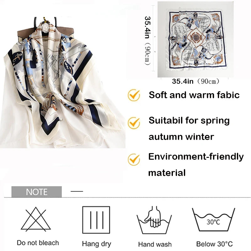 VILZSTUDIOS 90*90cm Women Square Silk Scarf Luxury Brand Large Shawl Neckerchief Print Headband Female Foulard Bandana Wraps Hijab Scarves