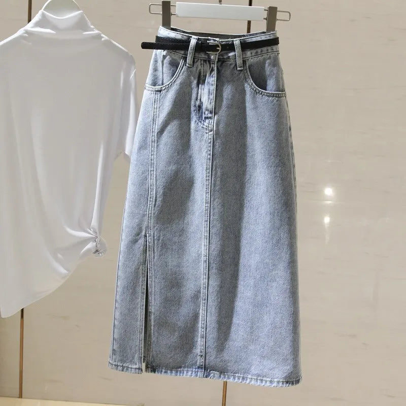 VILZSTUDIOS Light Blue High Waist Denim Midi Skirt