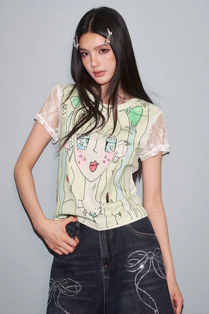 VILZSTUDIOS Sweet Lace Splicing Anime Print T-Shirt
