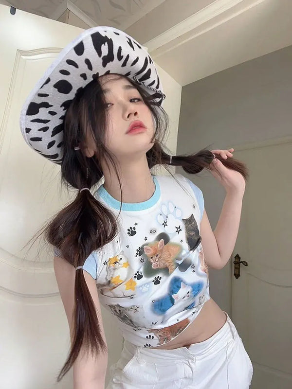 Patchwork Cat Print Crop Top