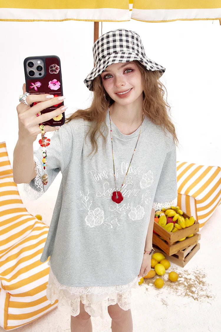 VILZSTUDIOS Lace Patchwork Casual Short Sleeve T-Shirt