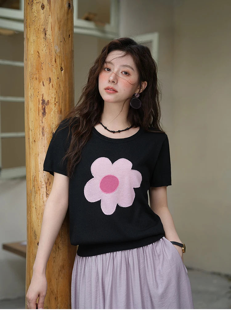 VILZSTUDIOS Colorful Flower Knitted T-Shirt
