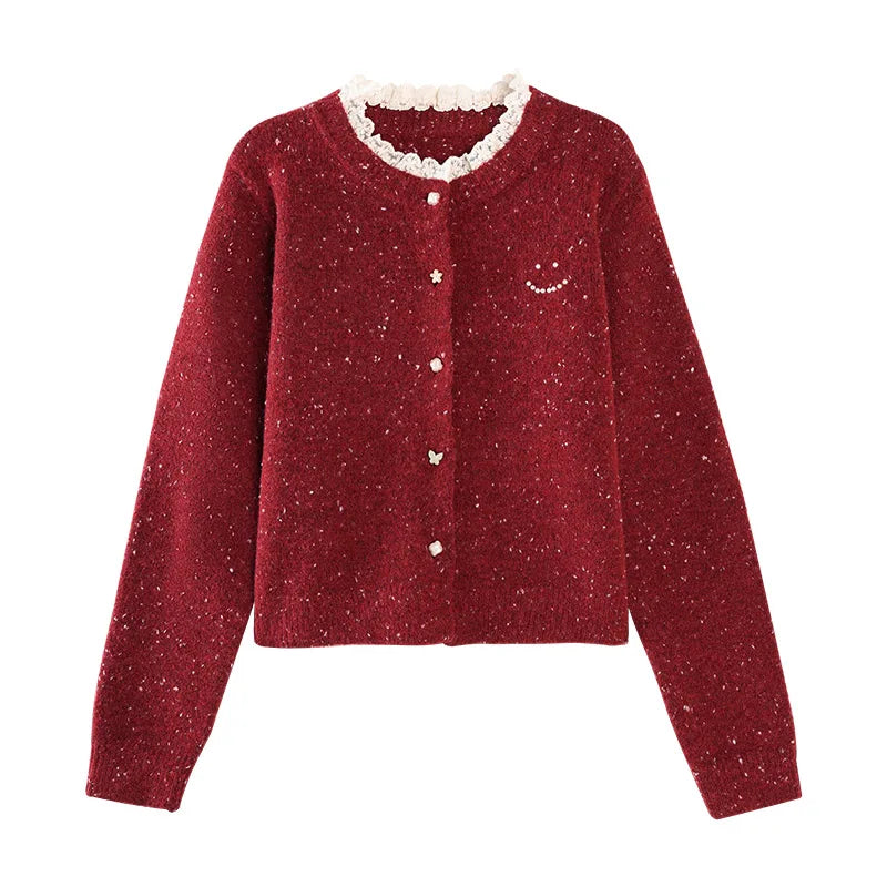 VILZSTUDIOS Red Lace Collar Cashmere Cardigan