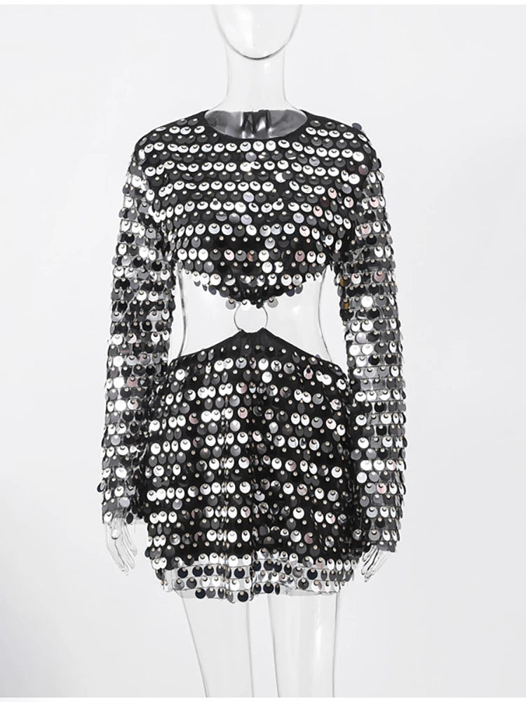 VILZSTUDIOS Sequin Glitter Sparkling Hollow Out Dress